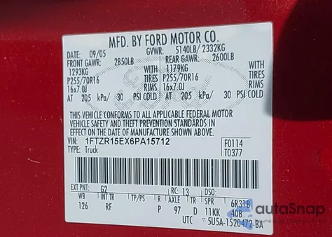 2006 Ford Ranger Xl/Xlt/Sport/Fx4 Off-Rd из США, поврежденный, VIN 1FTZR15EX6PA15712